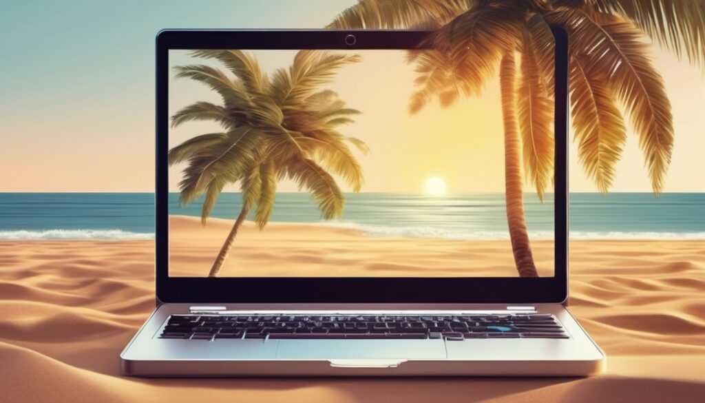 Closed-laptop-on-sandy-beach-with-palm-tree-ocean-and-clear-sky