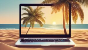 Closed-laptop-on-sandy-beach-with-palm-tree-ocean-and-clear-sky