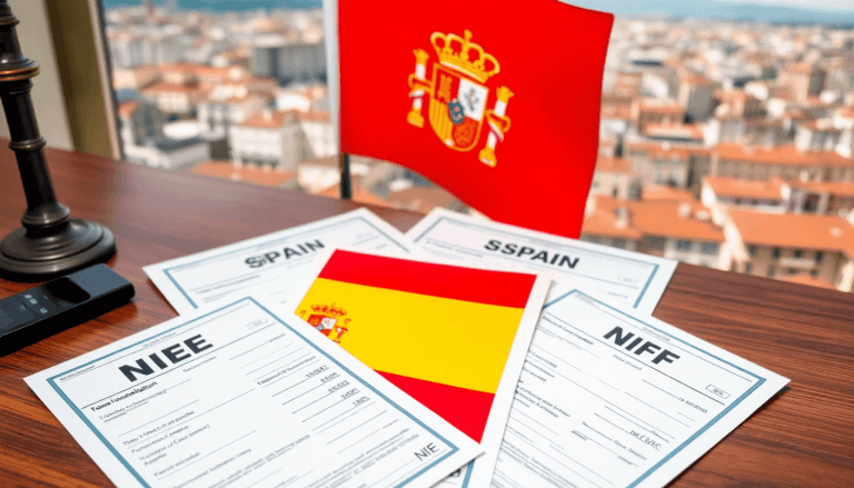 A colorful Spanish flag alongside tax identification documents on a wooden desk, with a scenic cityscape in the background, representing business a...