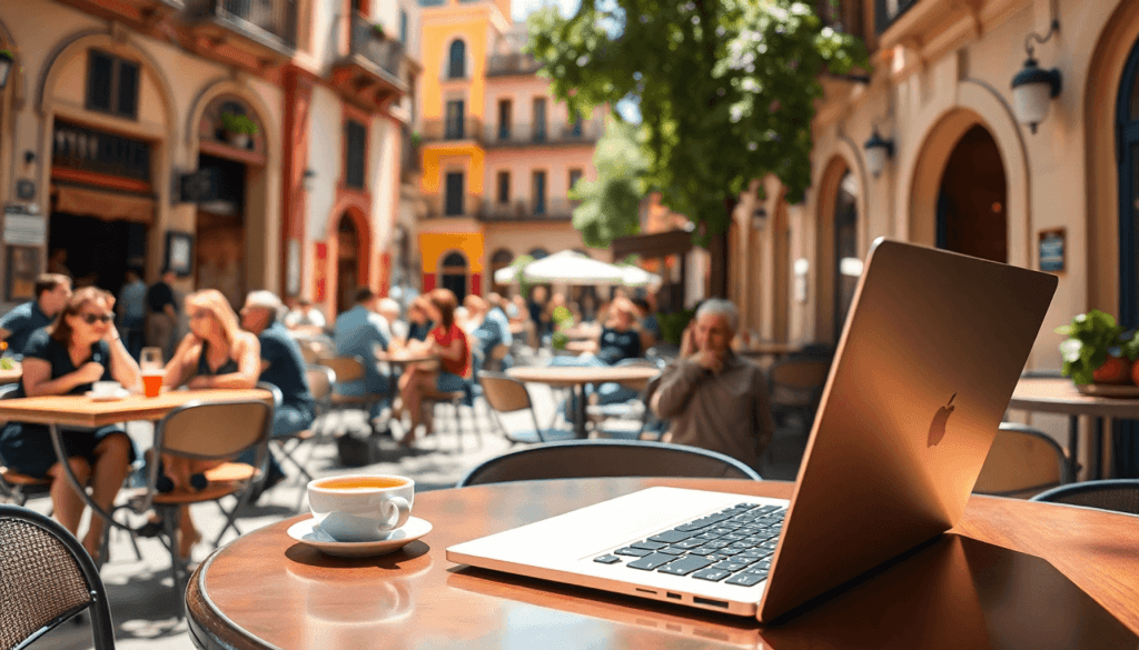 A cozy café in Barcelona with a laptop on a table, colorful architecture in the background, and outdoor seating filled with people enjoying coffee ...