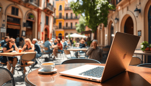 A cozy café in Barcelona with a laptop on a table, colorful architecture in the background, and outdoor seating filled with people enjoying coffee ...