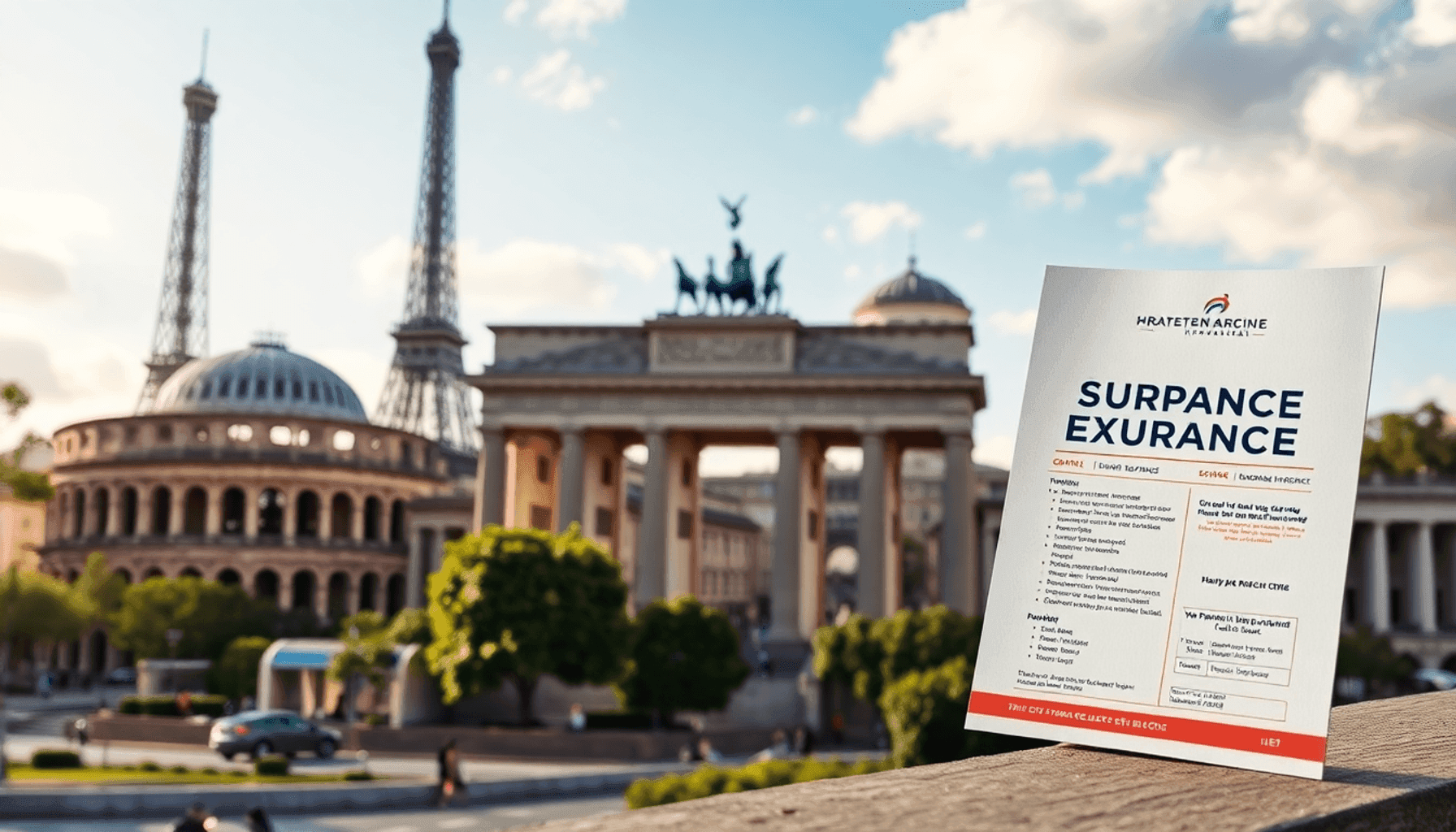 A travel insurance document in the foreground with iconic European landmarks like the Eiffel Tower, Colosseum, and Brandenburg Gate in the backgrou...