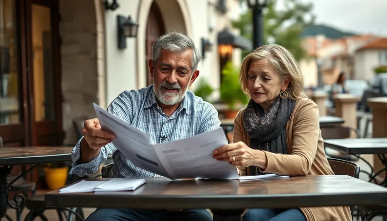Illustration showing an American retiree choosing between living in Spain or Portugal