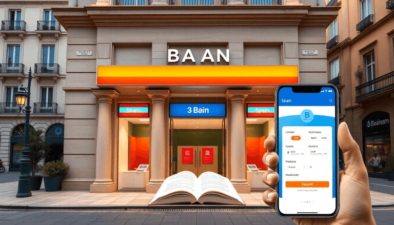 A modern bank building in Spain with a welcoming entrance, clear signage, and symbols of banking like an open account book and smartphone, set agai...