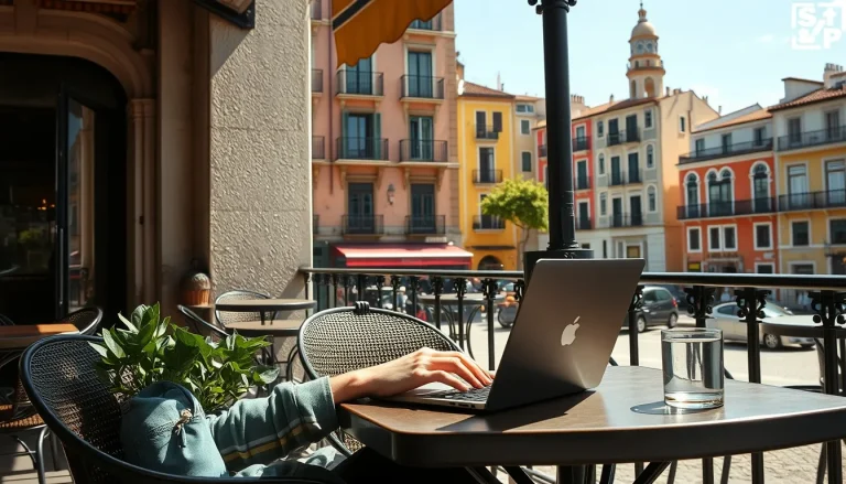 Digital nomad comparing lifestyle and cost of living between Spain and Portugal on a laptop, with cityscapes of Lisbon and Barcelona in the background