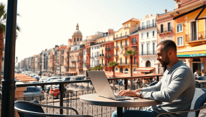 A digital nomad working on a laptop at an outdoor café with vibrant Spanish cityscape and sunny skies in the background.