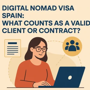 Illustration of a digital nomad woman with glasses working on her laptop, surrounded by icons representing contracts and clients, illustrating the concept of valid documentation for Spain's Digital Nomad Visa.