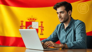 Freelancer working on a laptop with Spanish flag and social security icons in the background, symbolizing Spain's social security system for freela...