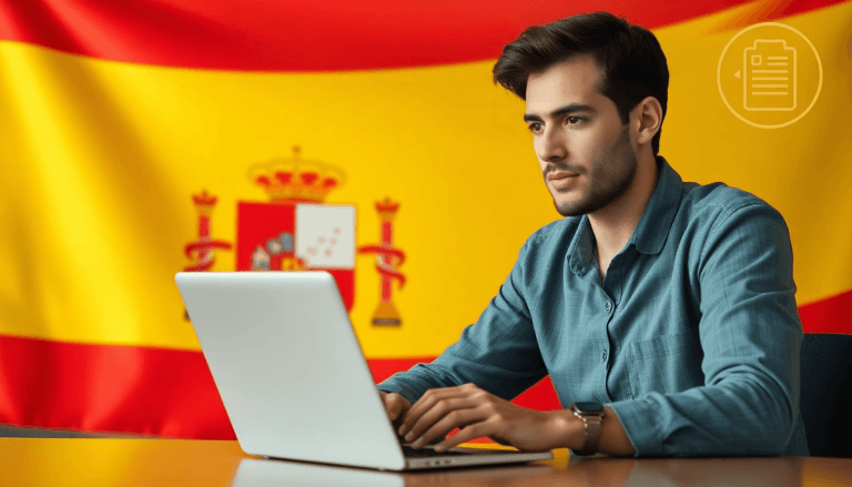 Freelancer working on a laptop with Spanish flag and social security icons in the background, symbolizing Spain's social security system for freela...