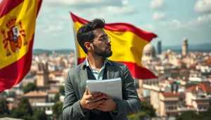 Foreign entrepreneur registering a business in Spain, holding paperwork outside a government office, symbolizing startup opportunities and EU market access in 2025.