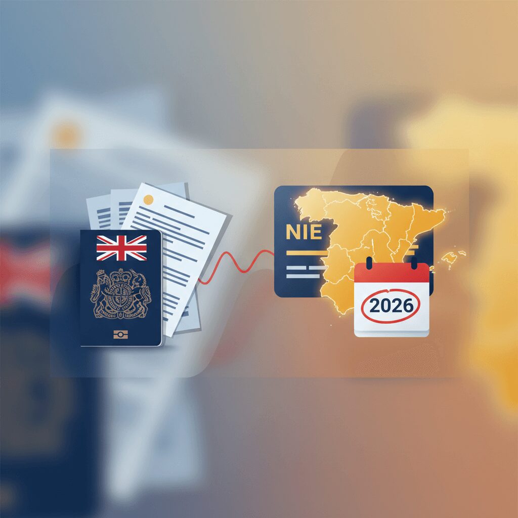 Familia británica sonriendo mientras revisa documentos de Brexit y residencia en España, simbolizando los cambios de 2026.