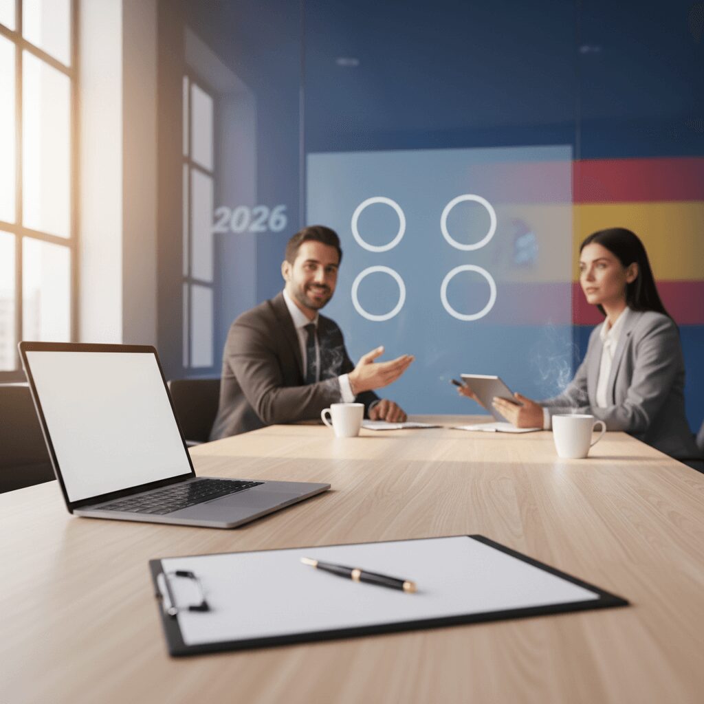 A professional-looking Spanish immigration lawyer smiling and conversing with a client during a free consultation, discussing 2026 strategies.