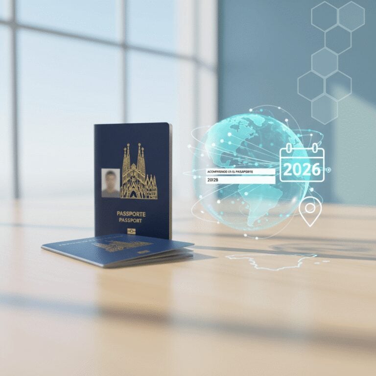 A close-up of a Spanish passport open to a page showing personal details, with a blurry background of a family, illustrating the 'Accompanied on the Passport and Date of Birth Meaning' for Spain Immigration 2026 residency visas.