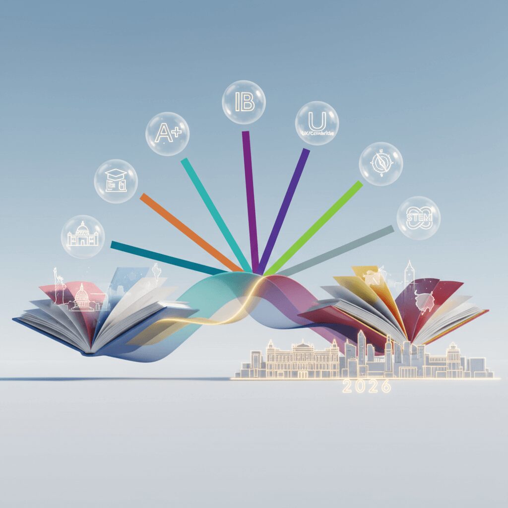 Students happily learning in a modern classroom at an American school in Madrid, showcasing diverse curriculum options.