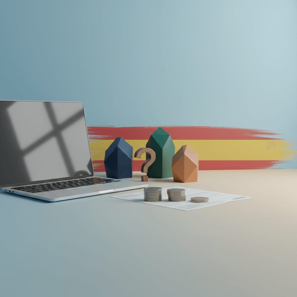 Photorealistic image of a Spanish financial document with a calculator and pen, highlighting annual fees for company maintenance in Spain.