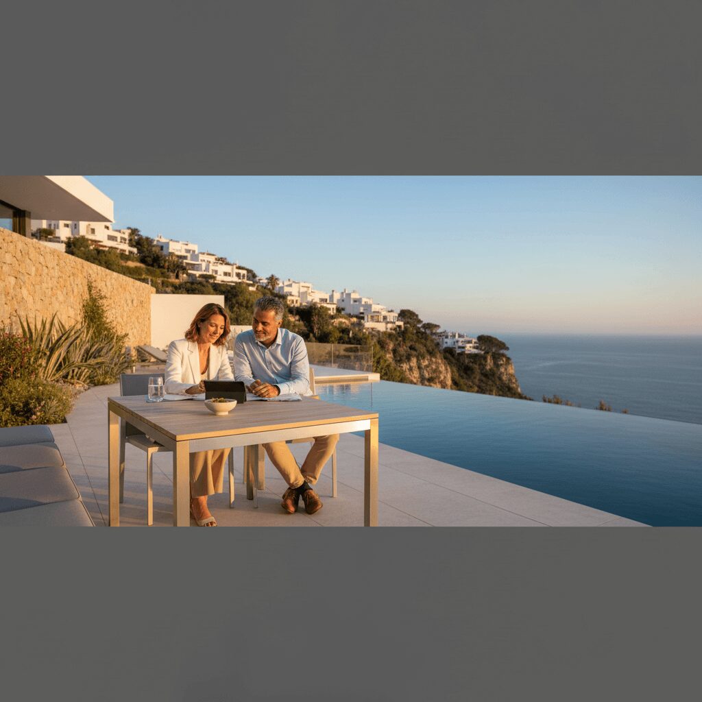 Primer plano de un contrato con gráficos financieros y una bandera española, ilustrando las implicaciones de los impuestos en España.