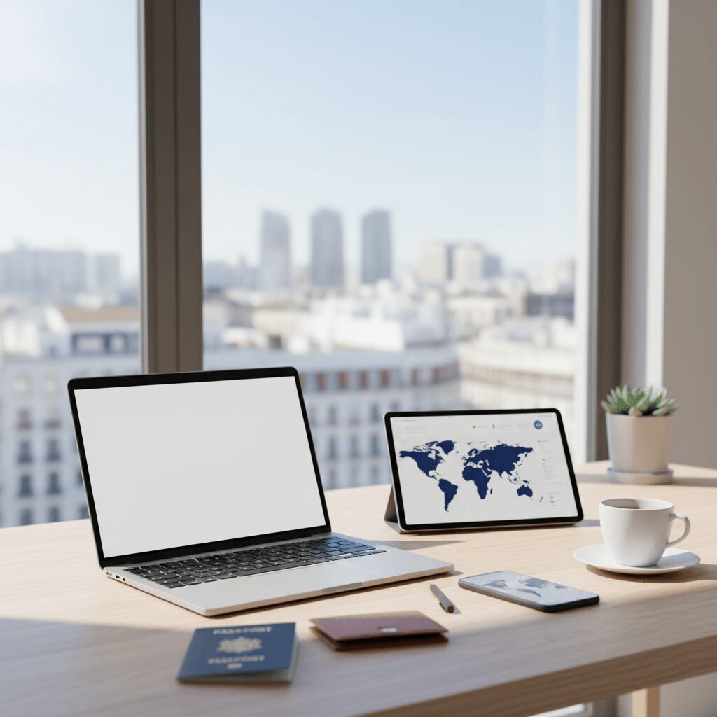 Un nómada digital sonriente trabajando en una laptop con un fondo urbano, representando el éxito al gestionar sus impuestos en España.