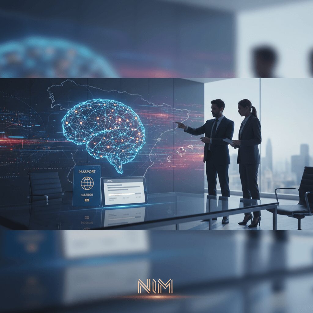 A photorealistic depiction of AI assisting with Spanish visa applications, showing digital forms and a virtual assistant. AI in Spanish visa applications 2026.