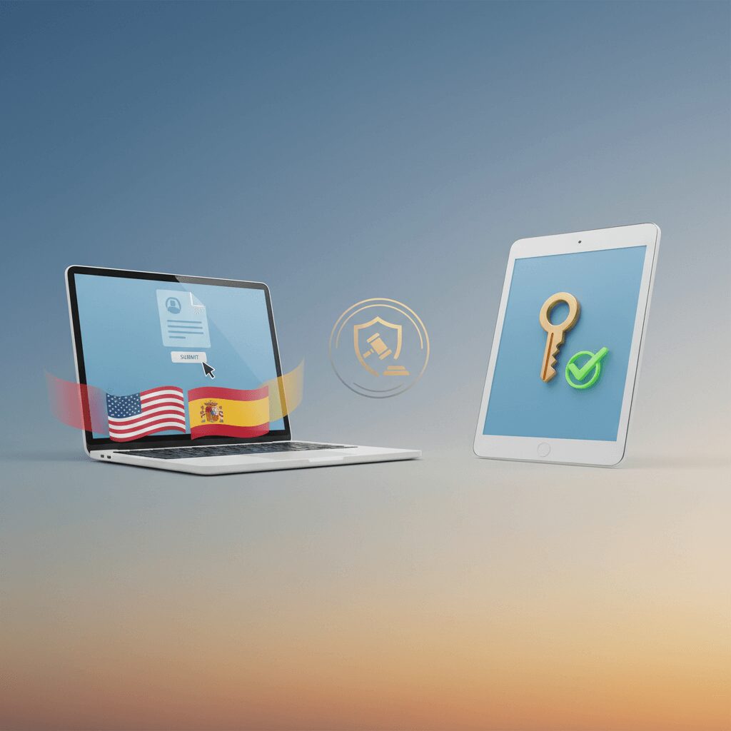 A diverse group of US citizens, including a young couple and an older professional, on a video call with a legal expert, discussing their Spanish residency visa application. They look engaged and hopeful.