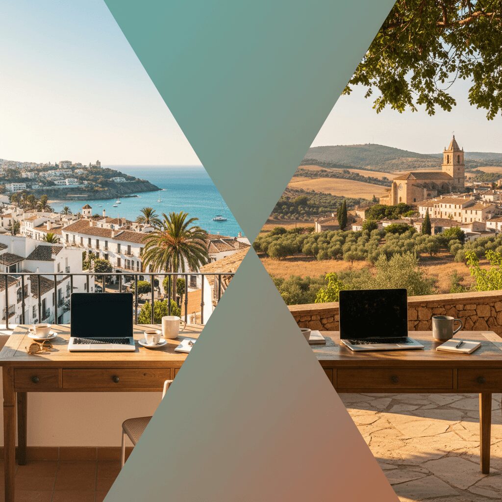 Photorealistic image of a digital nomad working on a laptop at a beachside cafe in Spain, contrasting with a person in a bustling inland city street, symbolizing coastal vs. inland living costs.