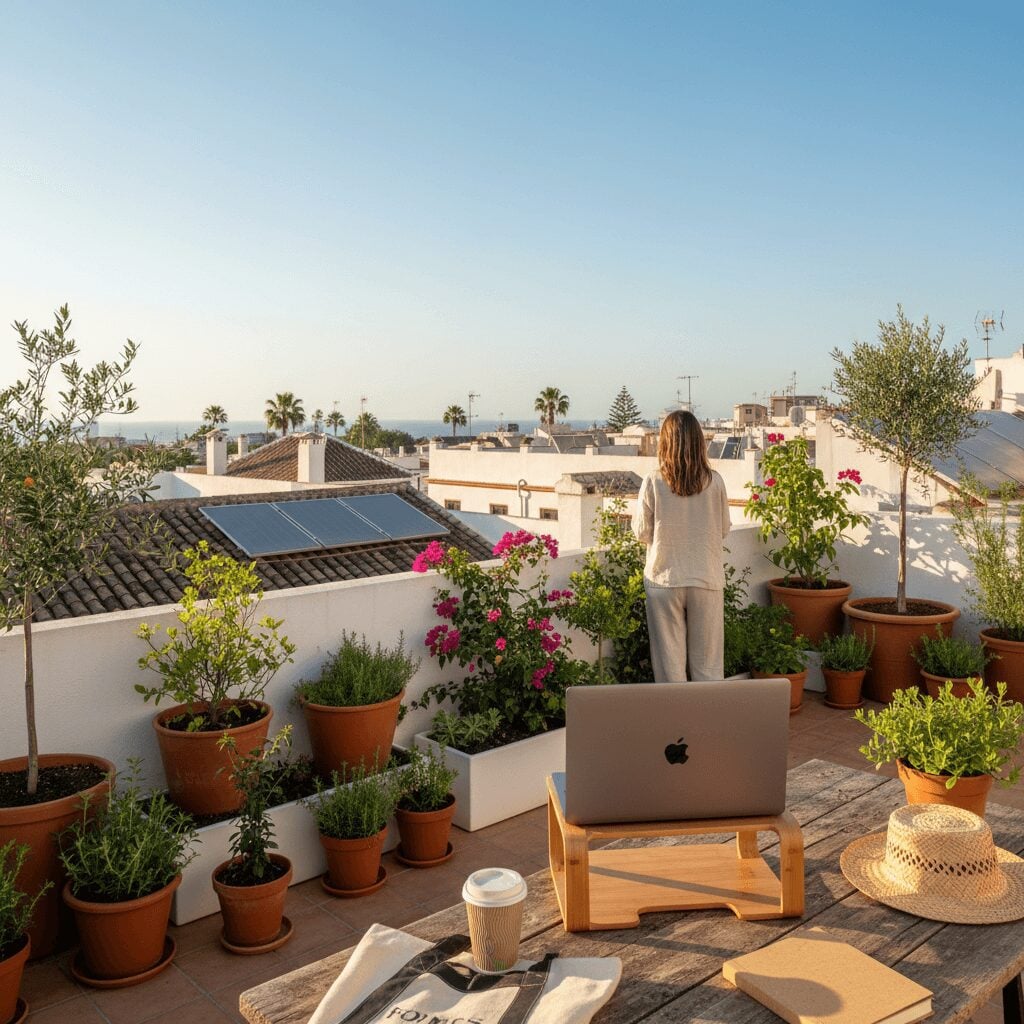 A digital nomad works on a laptop amidst lush Spanish greenery, embracing an eco-friendly lifestyle in 2026.