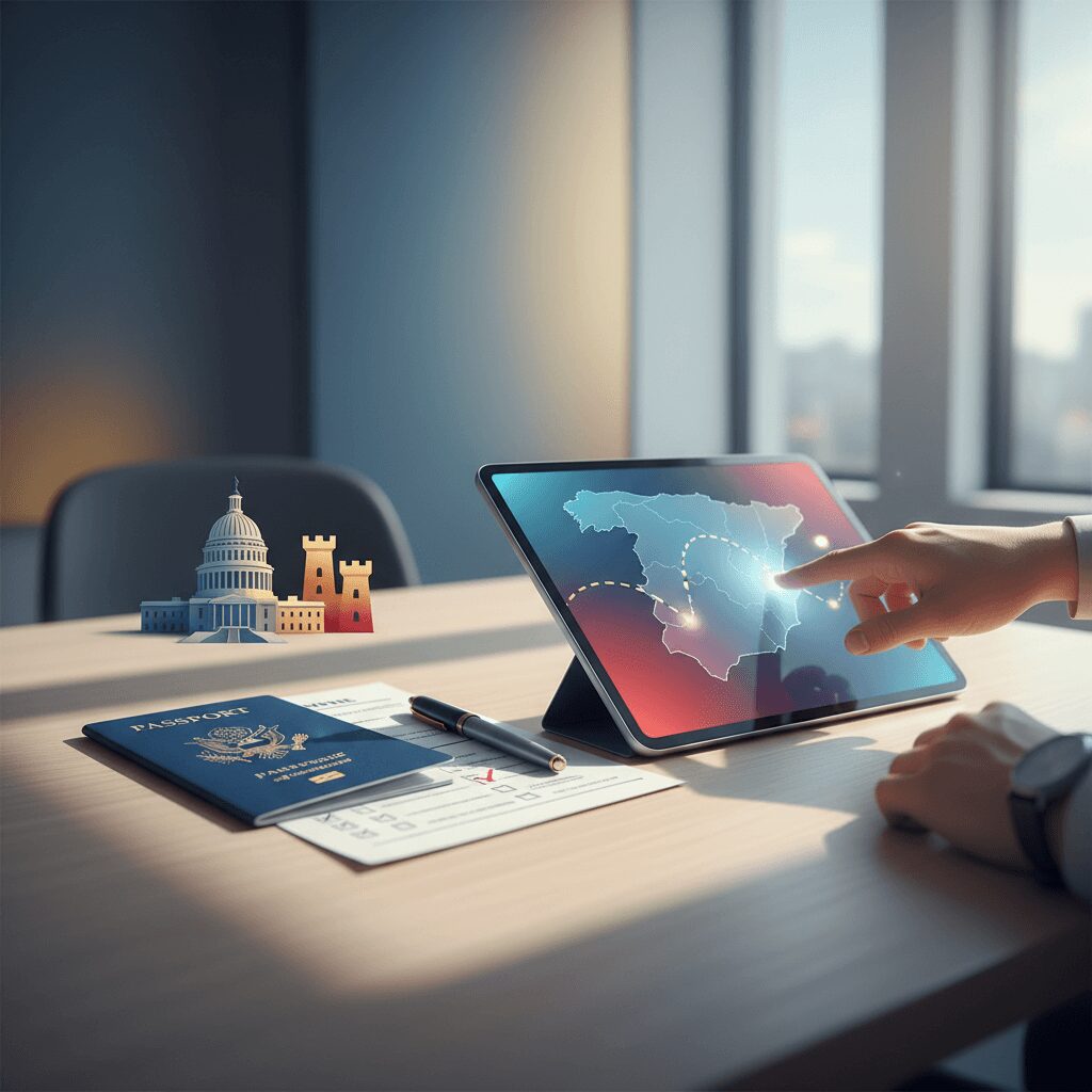 A diverse group of US expats in Spain proudly holding 'VOTE' signs, discussing the 2026 Spanish elections, highlighting US expat voting Spain.