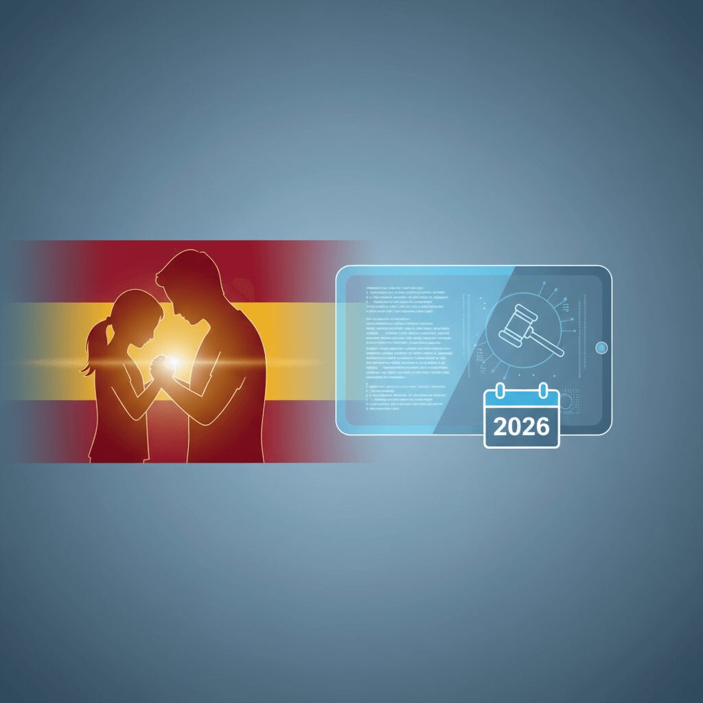 Familia multicultural feliz abrazándose al aire libre, representando la reunificación familiar en España con las novedades de 2026.