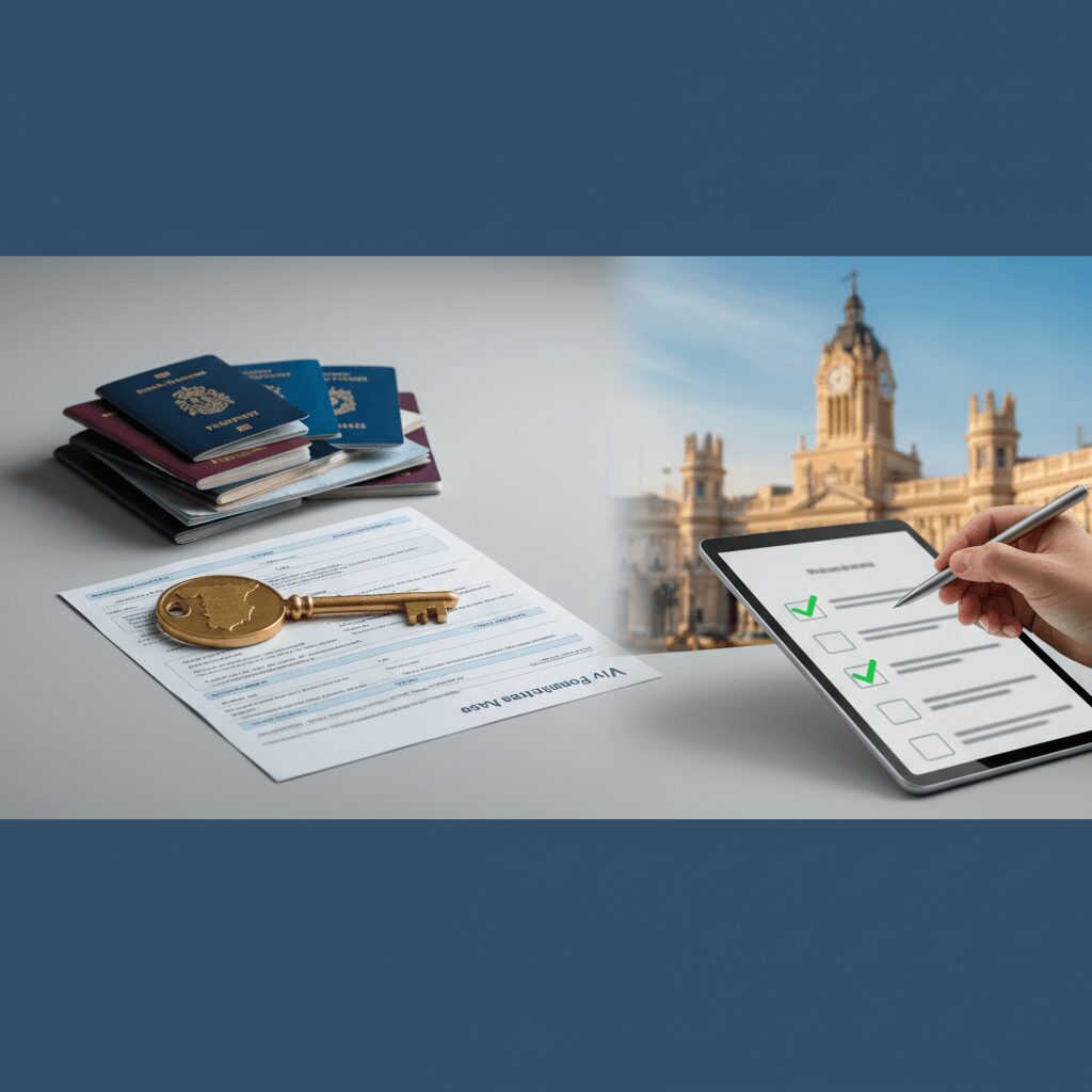 Un viajero frustrado revisa documentos de solicitud de visado para España, destacando errores comunes en la burocracia.