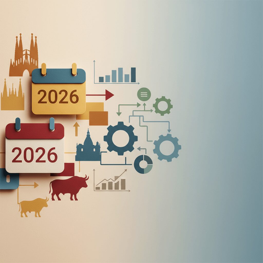 Photorealistic image of a calendar highlighting Spanish public holidays, with business planning documents subtly in the foreground, impacting business decisions.