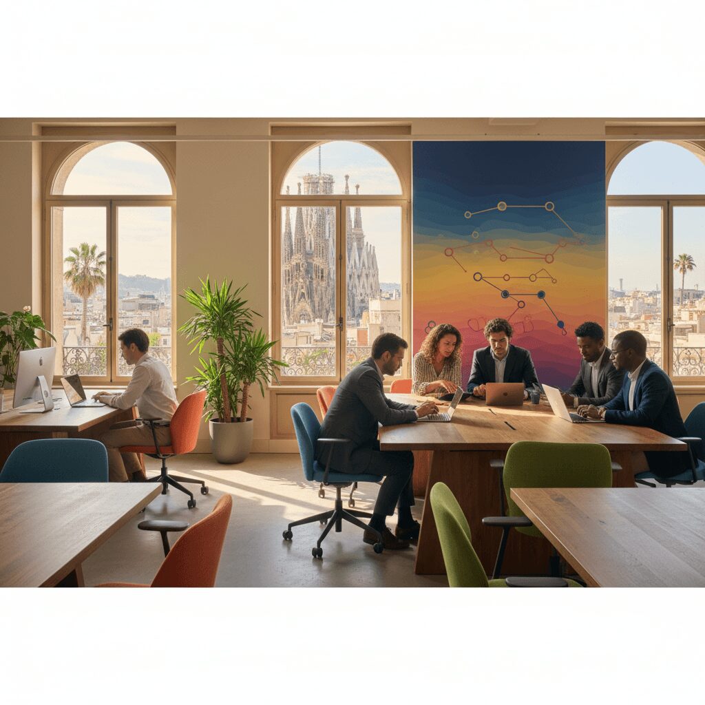 A diverse group of ambitious foreign entrepreneurs collaborating in a modern, vibrant Spanish co-working space, symbolizing the thriving startup ecosystem.