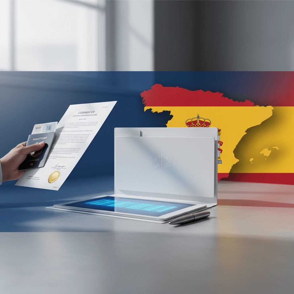 A diverse group of foreigners in Spain successfully obtaining their certificate of no criminal record, smiling with official documents.