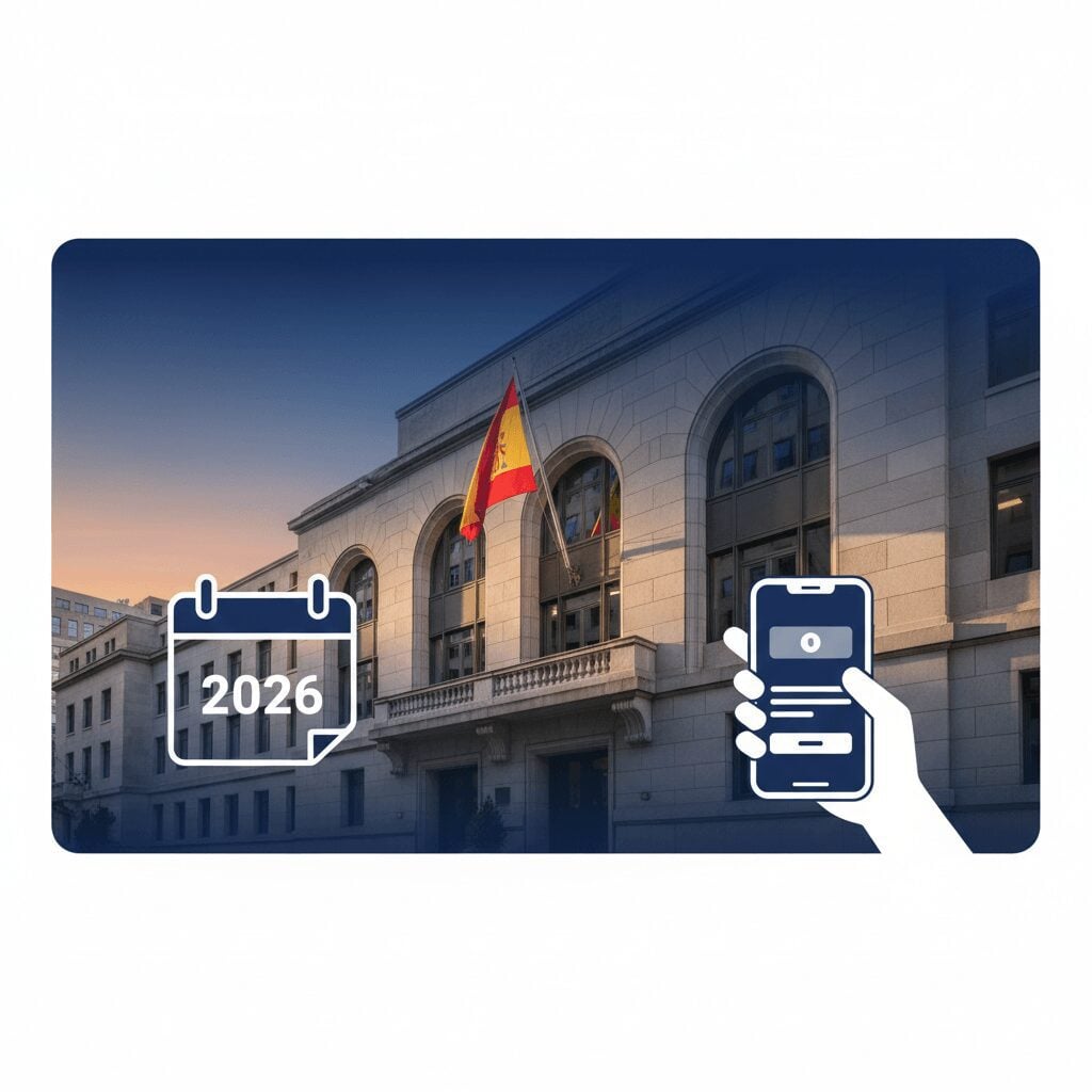 A clear, photorealistic image of the exterior of the New York Spanish Consulate building, reflecting an organized and professional environment.