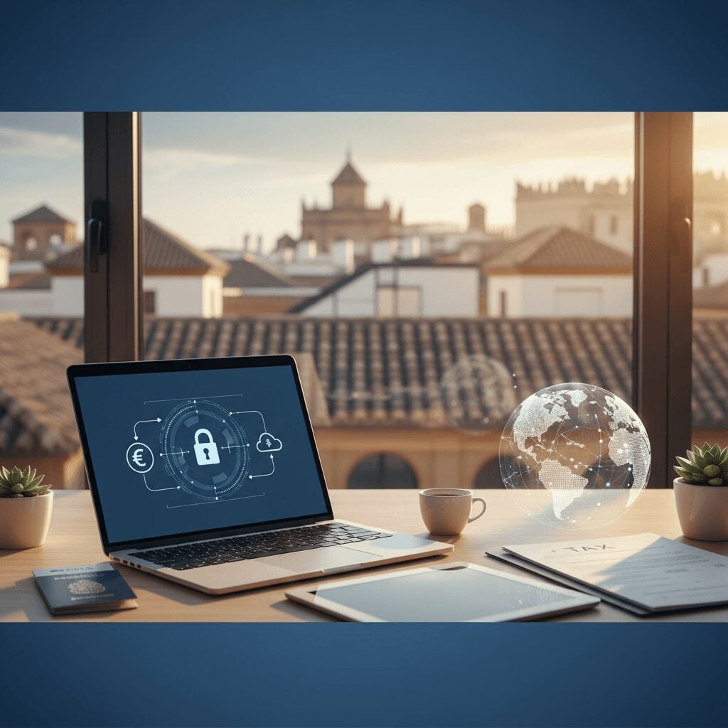 Photorealistic image of a digital nomad confidently navigating Spanish bureaucracy, with a fiscal representative offering guidance in a modern office setup.