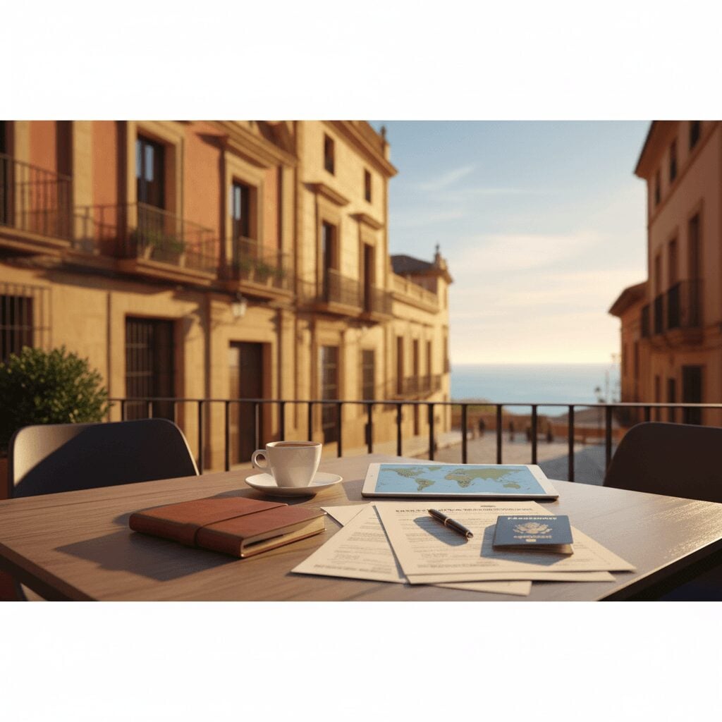 A serene, photorealistic image of an elderly American couple enjoying coffee on a sunny balcony overlooking a Spanish coastal town, hinting at a comfortable retirement visa Spain lifestyle.