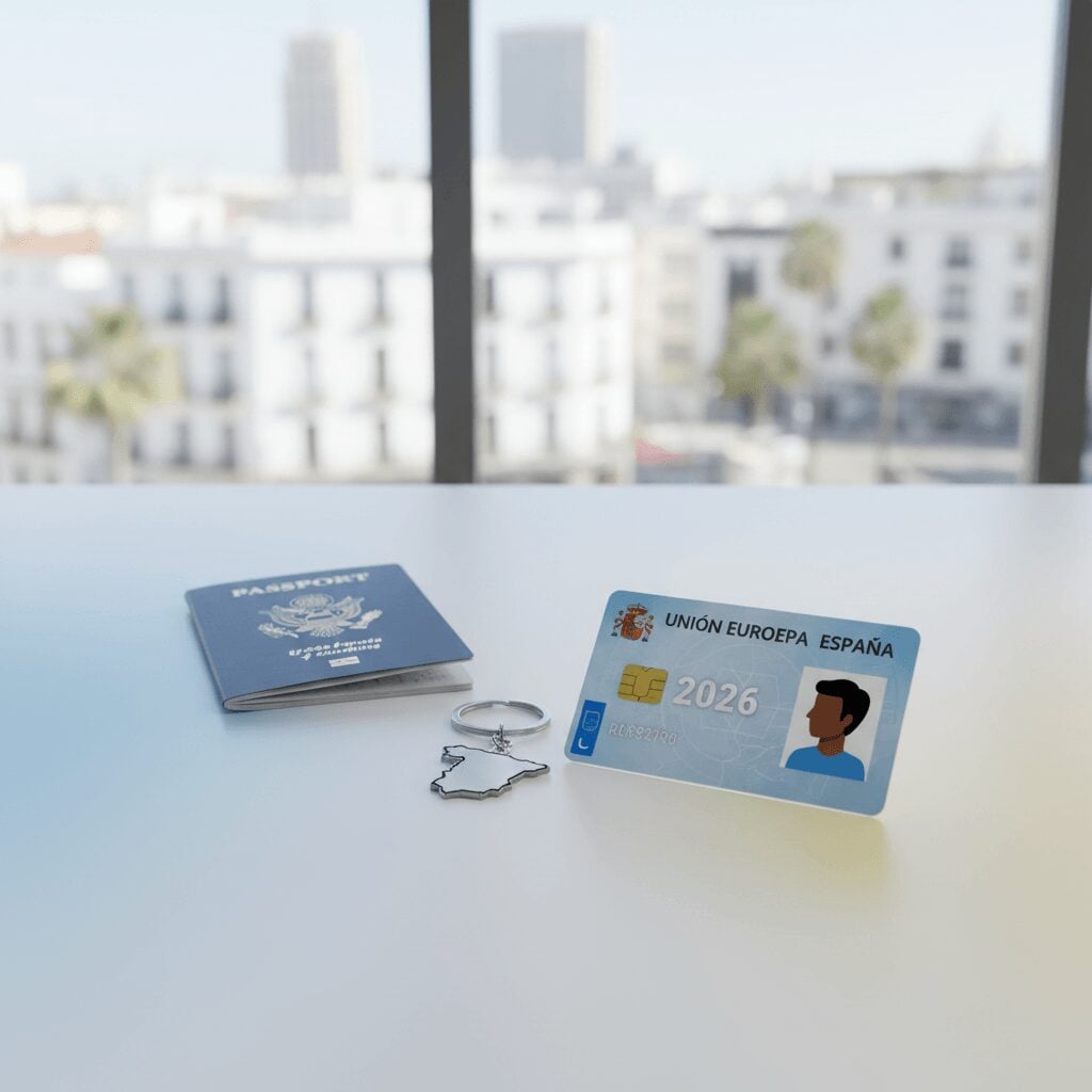 Happy US expat woman holding a newly issued Spanish driver's license, smiling confidently in front of a Spanish street. Securing your Spanish driver's license as a US expat made easy.