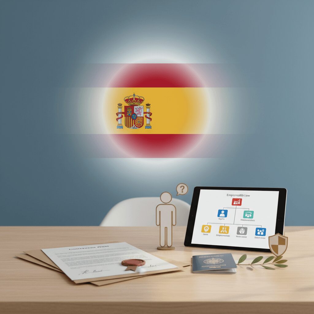 Photorealistic image of a diverse group of individuals, some holding documents, discussing unemployment benefits for foreigners in Spain. Focus on clarity and professionalism.
