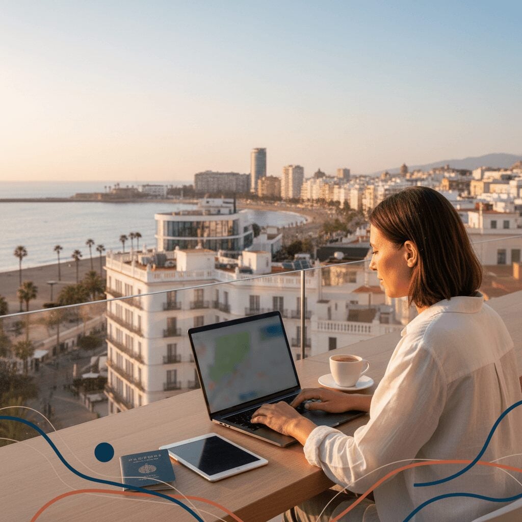 A woman confidently working on a laptop with a Spanish city skyline in the background, symbolizing digital nomad visas that lead to permanent residency for Britons.