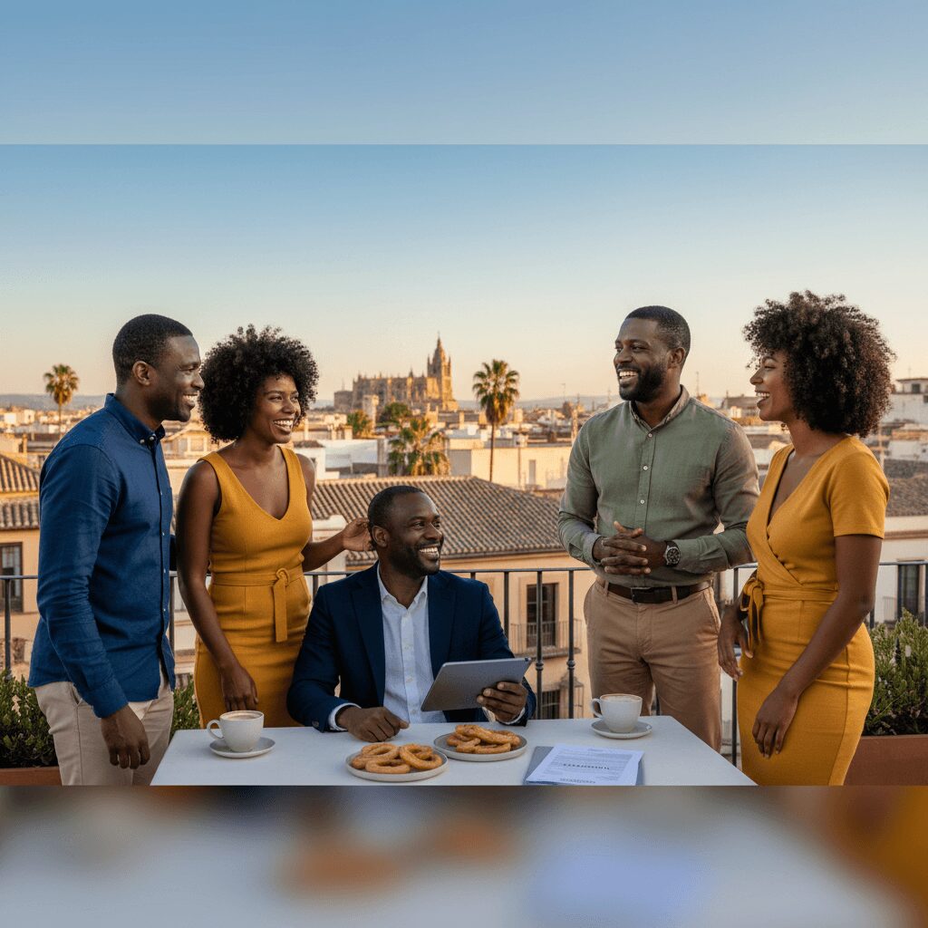 A group of happy Black expats, laughing and enjoying a sunny outdoor cafe in Spain, one of the best countries for Black expats.