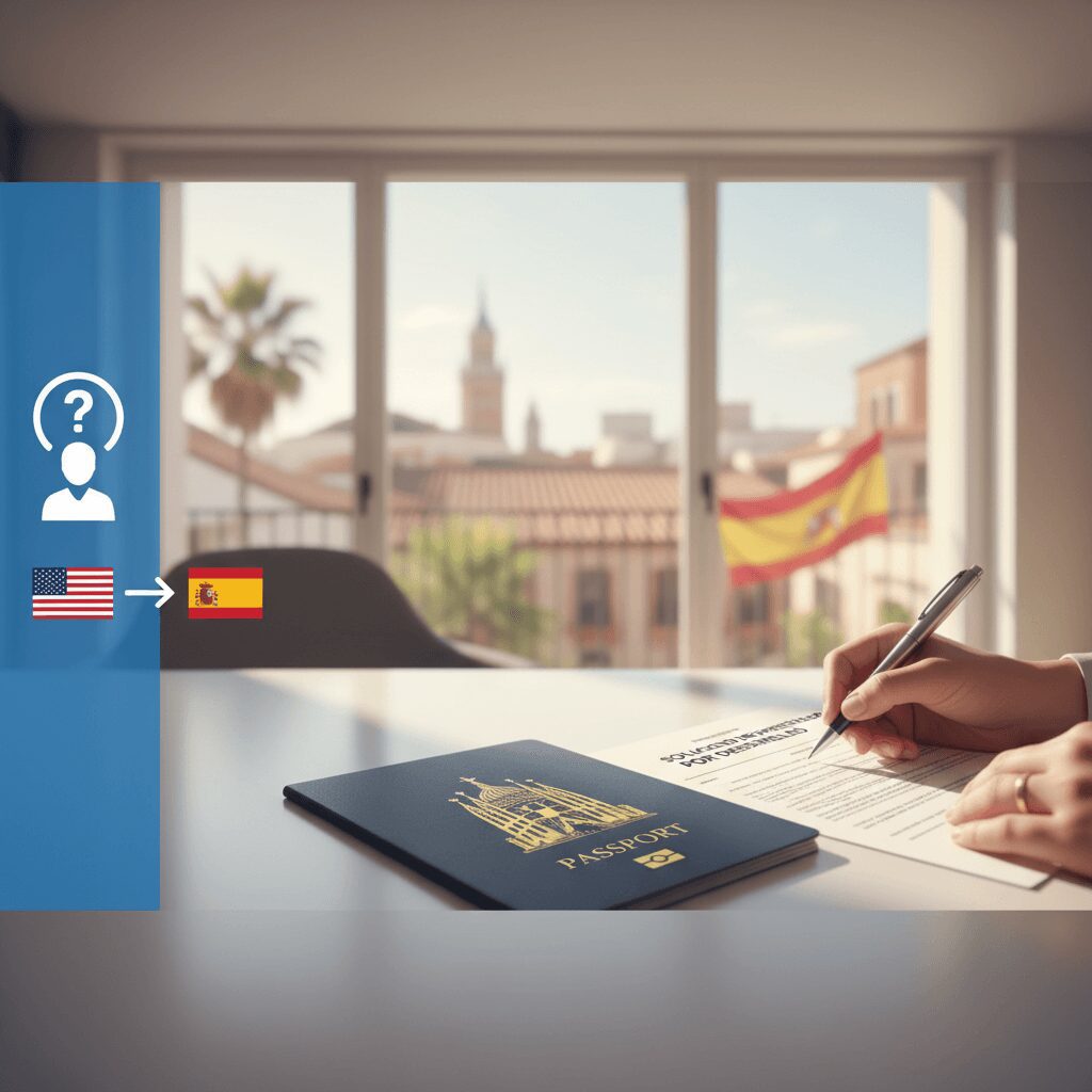 A diverse group of US expats in Spain discussing their eligibility for unemployment benefits, relevant for Spanish visas for US citizens.