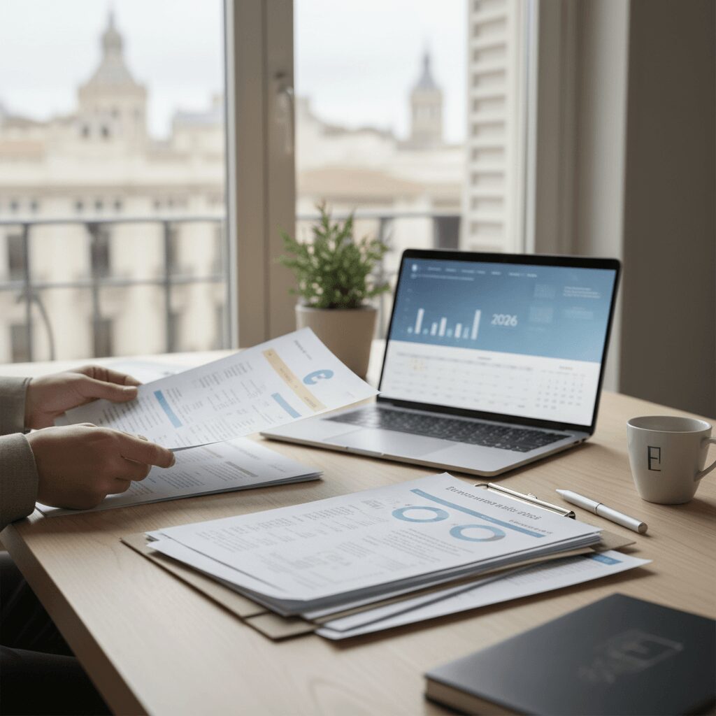 Close-up of a person's hands reviewing meticulously organized financial statements for a Spanish visa application, with a laptop displaying a financial spreadsheet in the background. Focus on 'financial statements Spain visa' preparation.