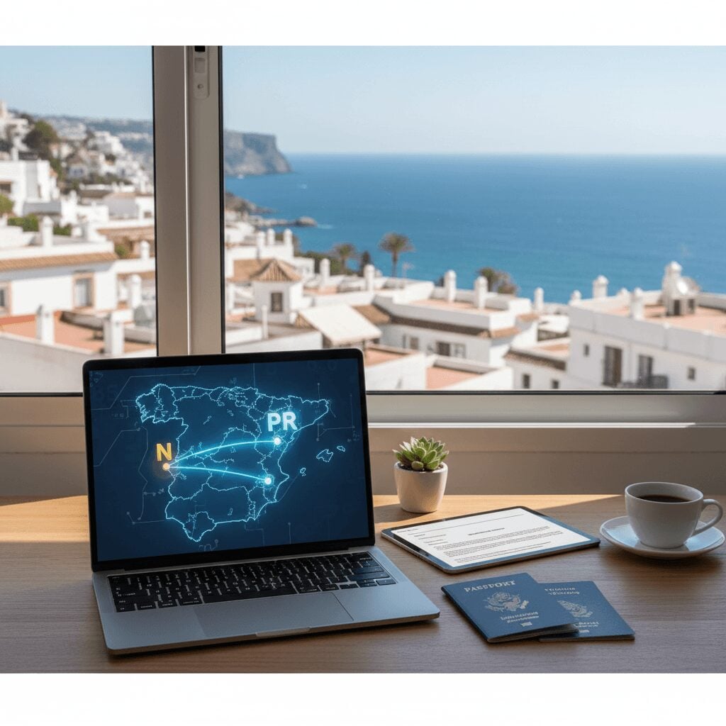 A happy American digital nomad works remotely on a laptop in a vibrant Spanish city square, showcasing digital nomad visas that lead to permanent residency.