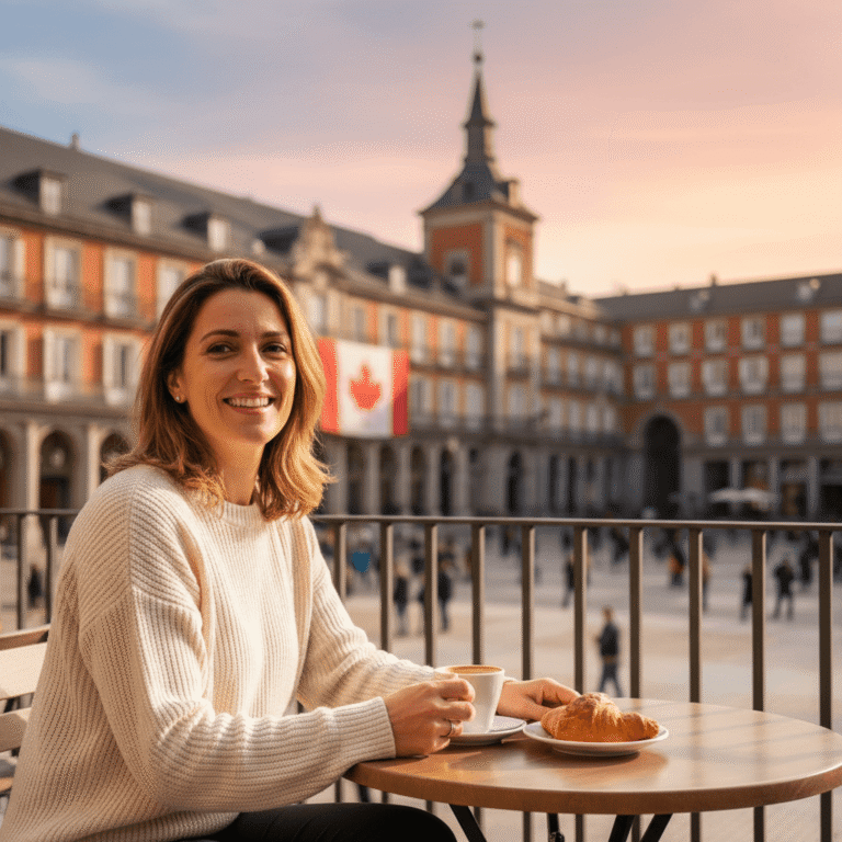 A happy Canadian expat couple smiling in Madrid's Plaza Mayor, enjoying life in Madrid as an expat.