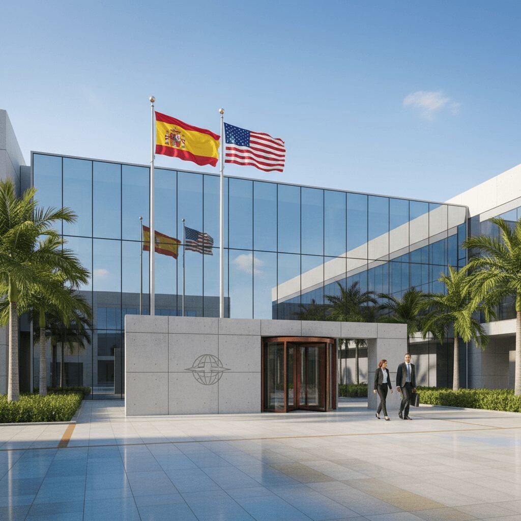 Photorealistic image of the exterior of a modern building, representing the Consulate General of Spain, with a Spanish flag prominently displayed.