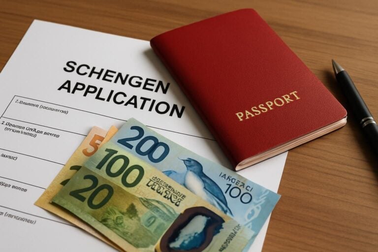 A breakdown of Schengen visa costs with a calculator, visa forms, and currency in NZD.