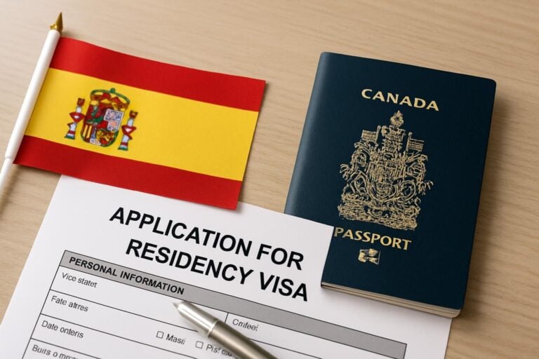 A Canadian couple reviewing documents for how to apply for Spain visas in a cozy home office.