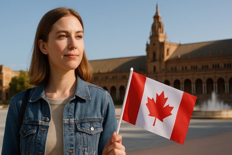 A sunny courtyard in Spain with a Canadian expat enjoying the vibrant atmosphere, illustrating expat life in Spain.