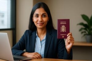 A smiling Indian digital nomad working on a laptop in picturesque Spain, highlighting the Spain digital nomad visa for Indians.
