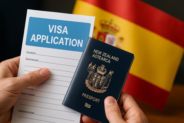 A New Zealand expat reviewing important documents for their visa application tips in Spain.