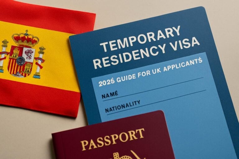 A British couple reviewing documents for Spain's temporary residency visa in a cozy cafe.