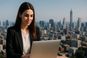 A vibrant skyline of an emerging city, showcasing new hotspots appealing to remote workers shifting focus.